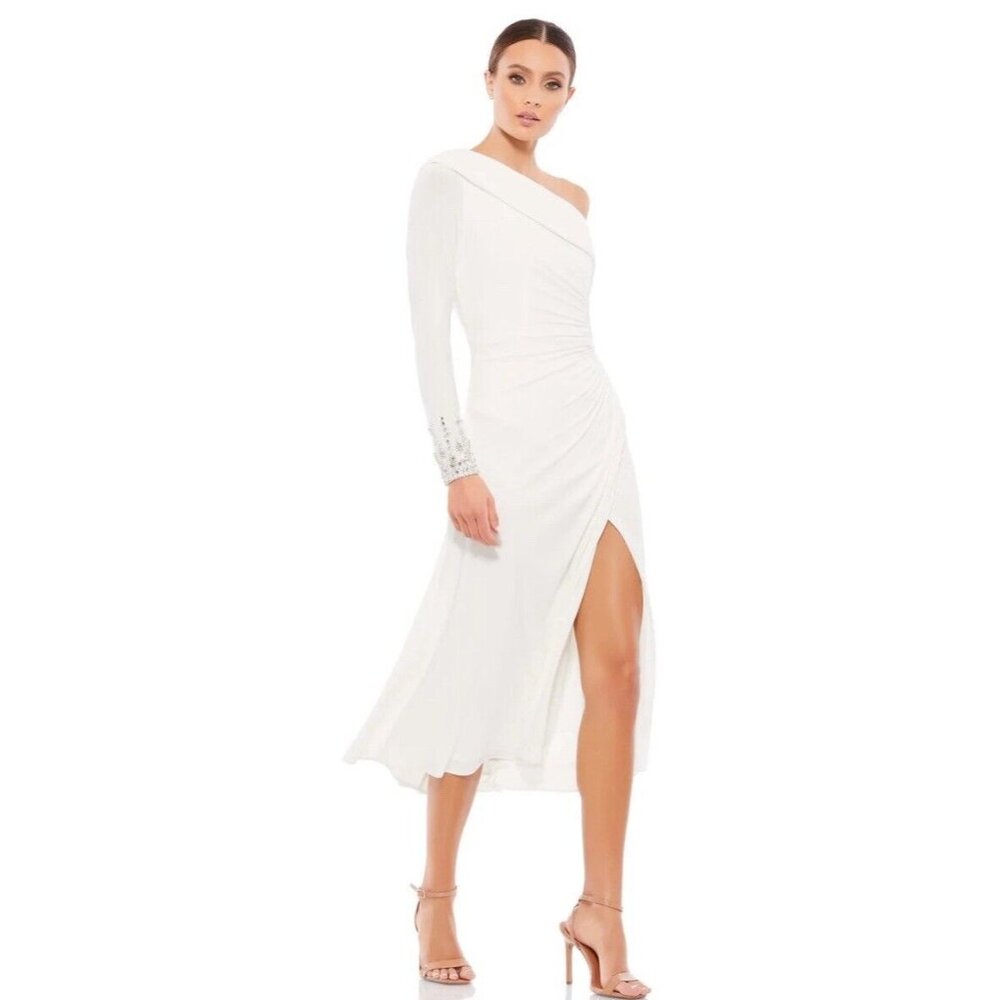 Mac Duggal Dress Size 6 White Long Sleeve Jeweled Dress Drop Shoulder 26485